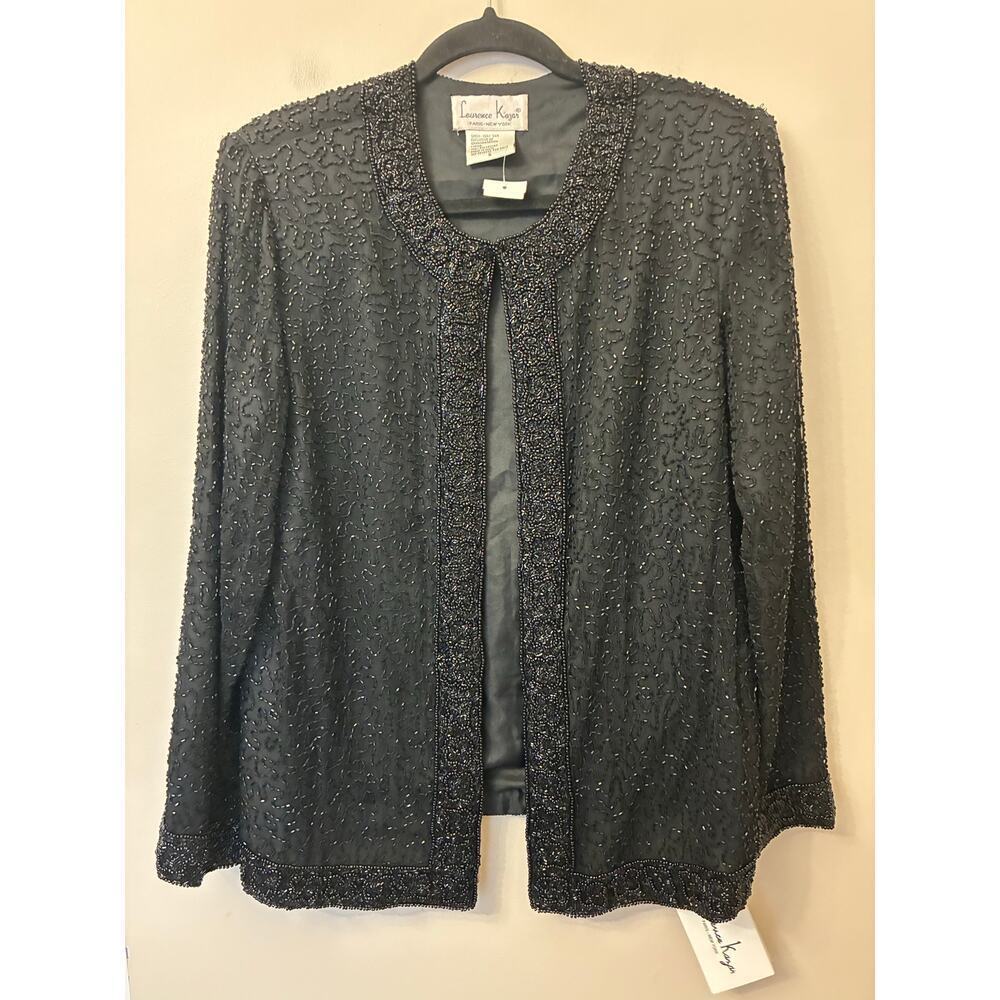 Laurence Kazar NEW Black Jacket Silk Beaded Long Sleeve Open Front Small Vintage